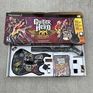 Guitar Hero Aerosmith PS2 Game Bundle Kramer Wireless Guitar + Strap Box Tested